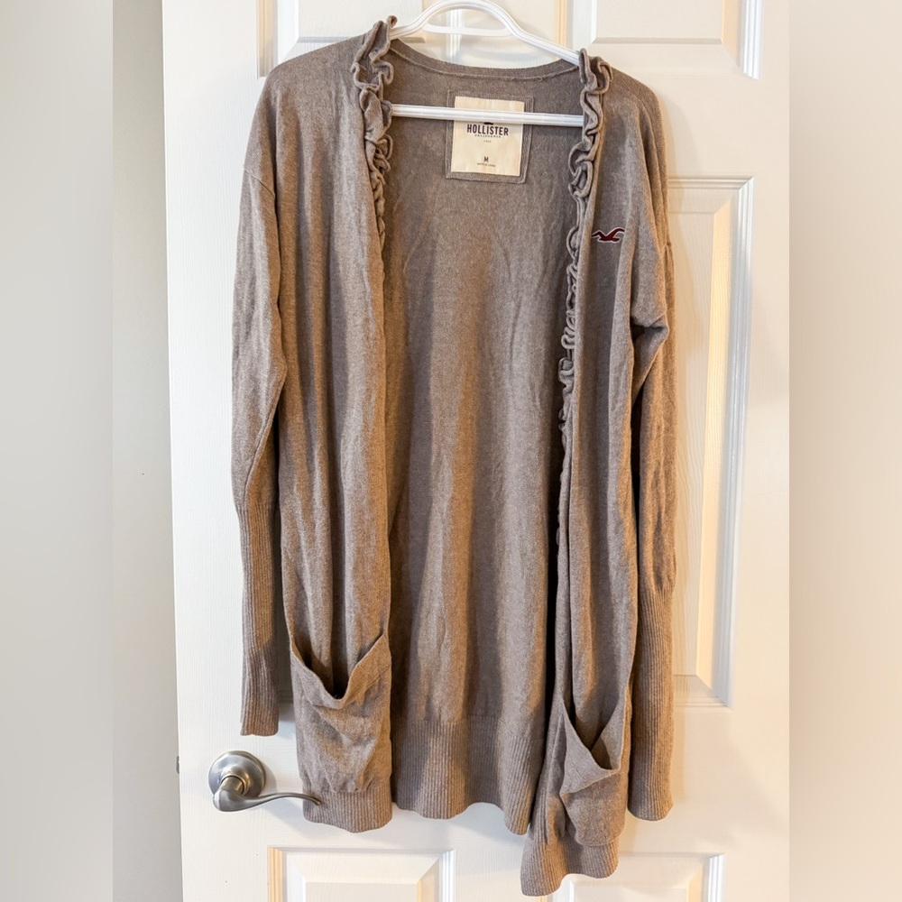 Hollister Women’s Beige Open Front Cardigan Ruffle Trim Cotton Viscose Size M
